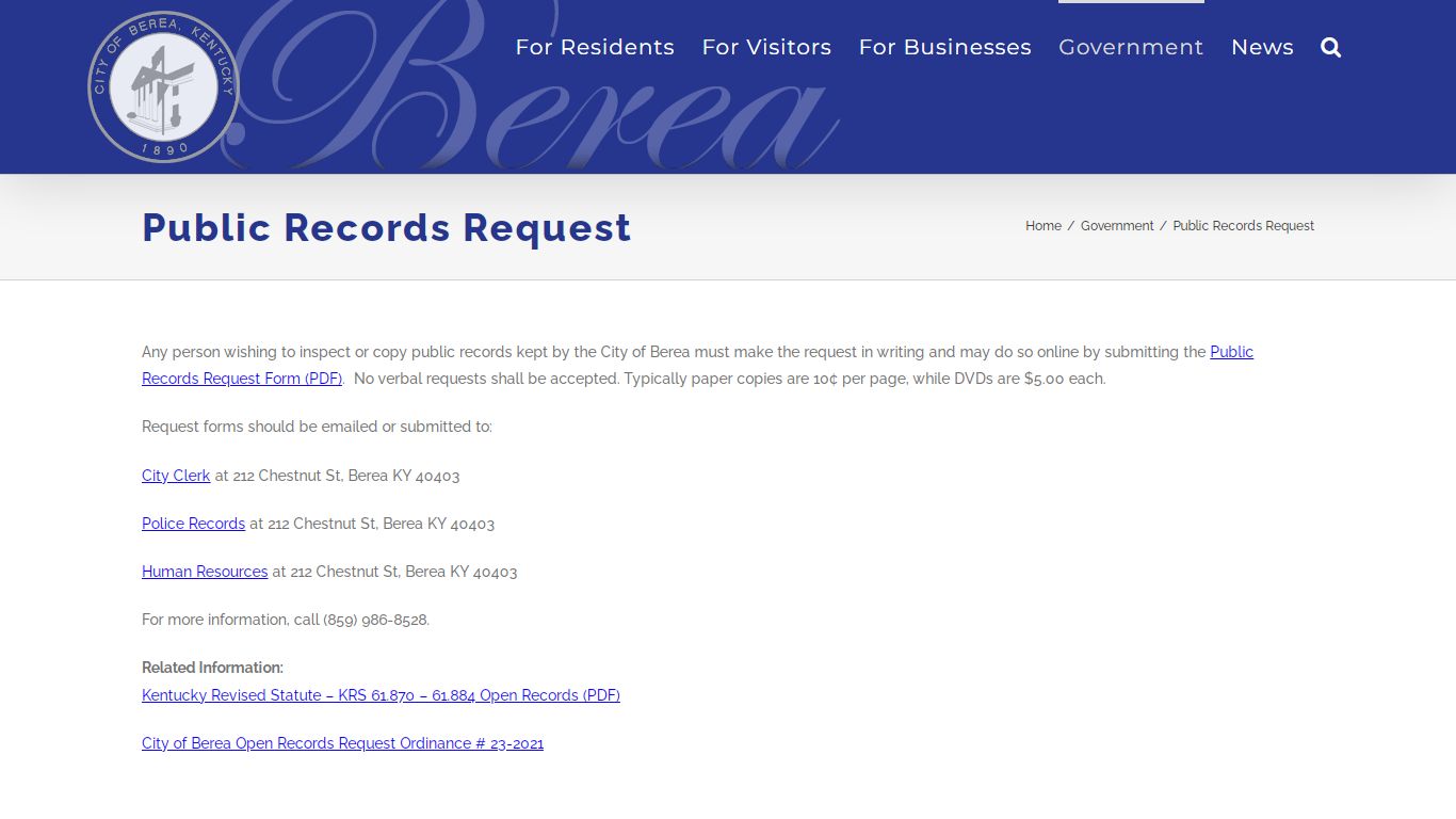 Public Records Request - City of Berea